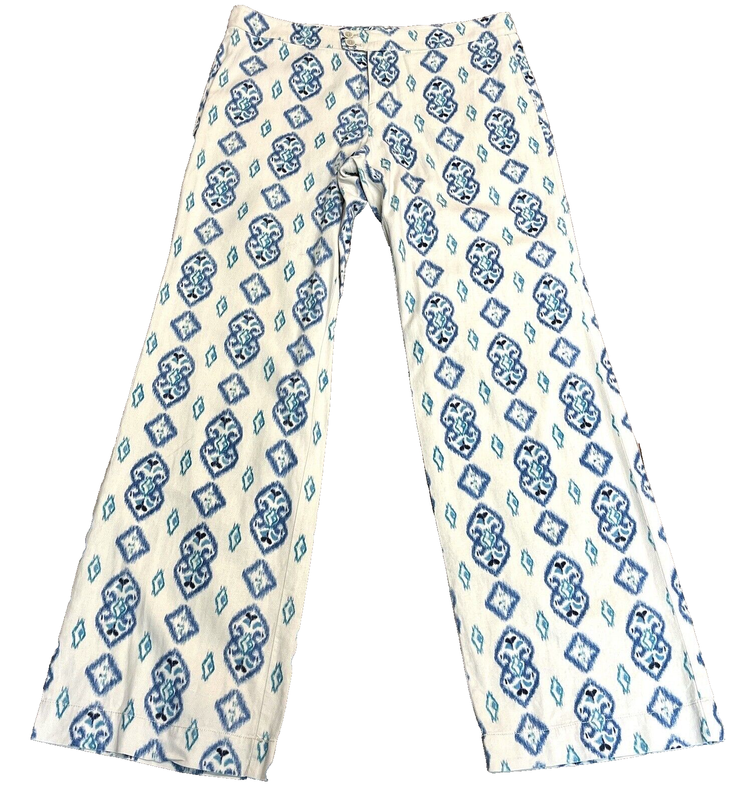 Willi Smith Womens Pants Sz 8 Geometric Print Linen Trousers Blue Beige Wide Leg