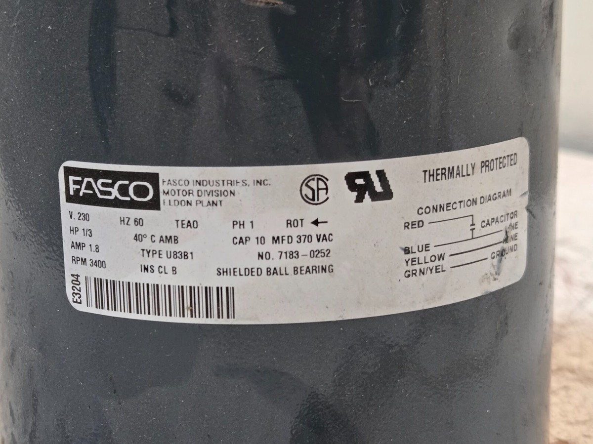 Fasco Motor 7183-0252 | E3204 | U83B1 | 230V | 60 Hz | 1/3 HP
