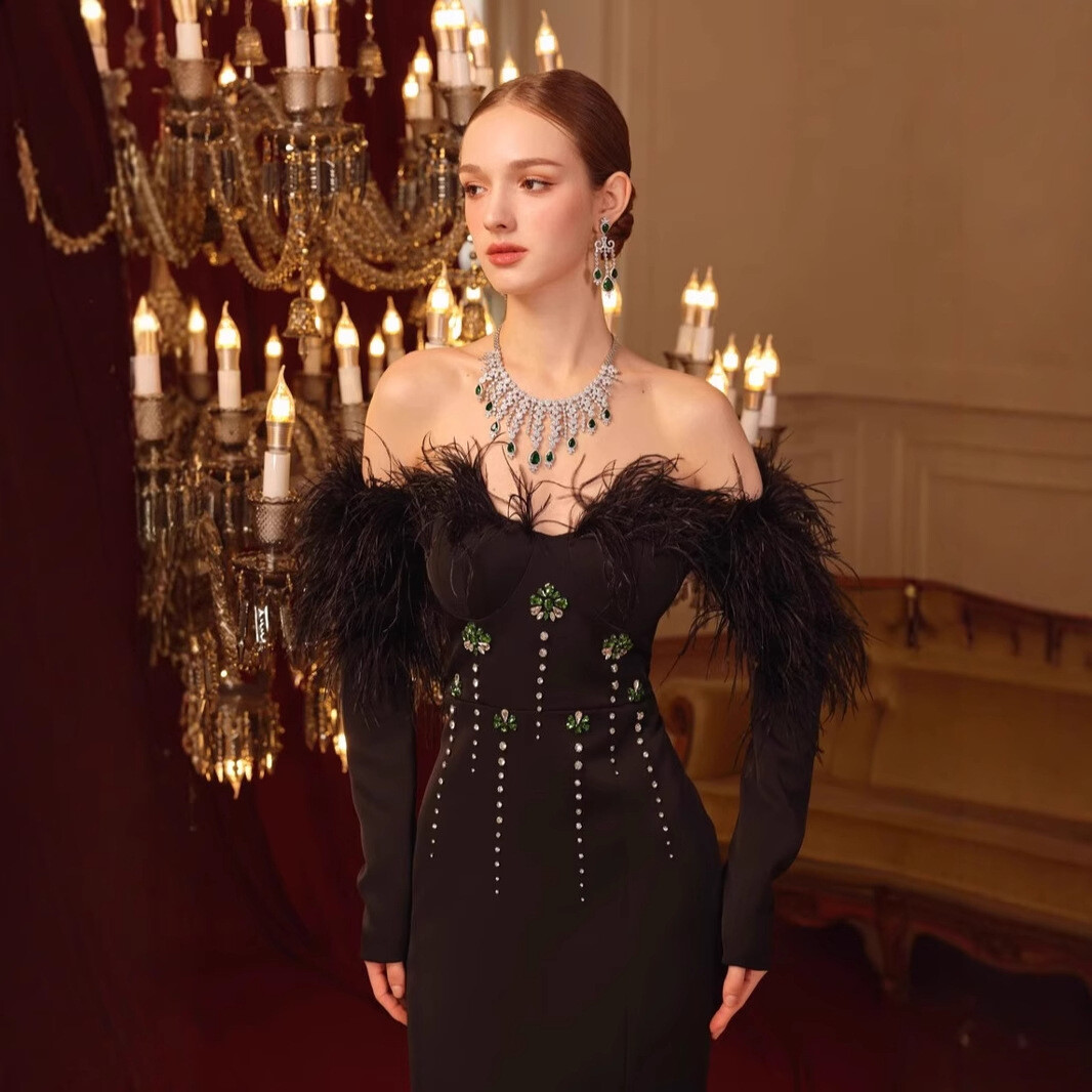 Luxury Crystals Black Evening Dresses Strapless Long Sleeves Prom Party  Dresses | eBay