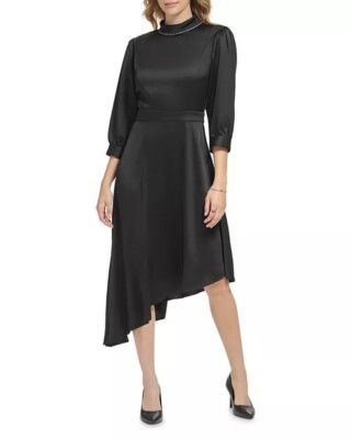 KARL LAGERFELD PARIS Black Crystal Embellished Asymmetric Satin Dress Size 2
