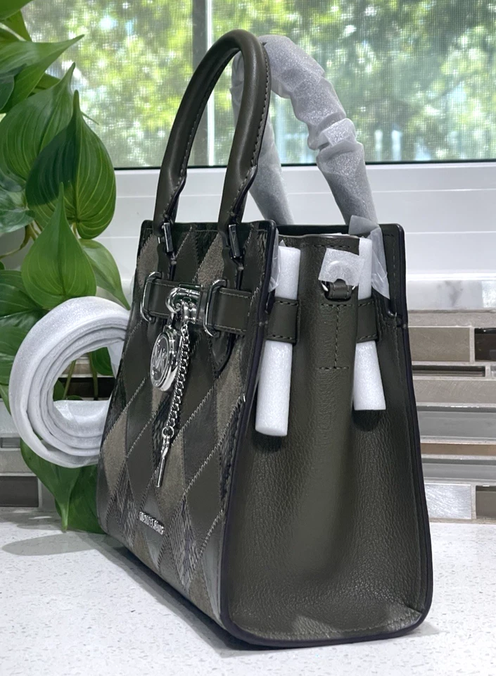 MICHAEL KORS HAMILTON SMALL SATCHEL KEY LOCK PATCHWORK OLIVE SNAKE PRINT SILVER - Image 4 of 4