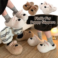 Casual Fluffy Slippers Womens House Flat Cartoon West Highland Puppy Winter Shoe