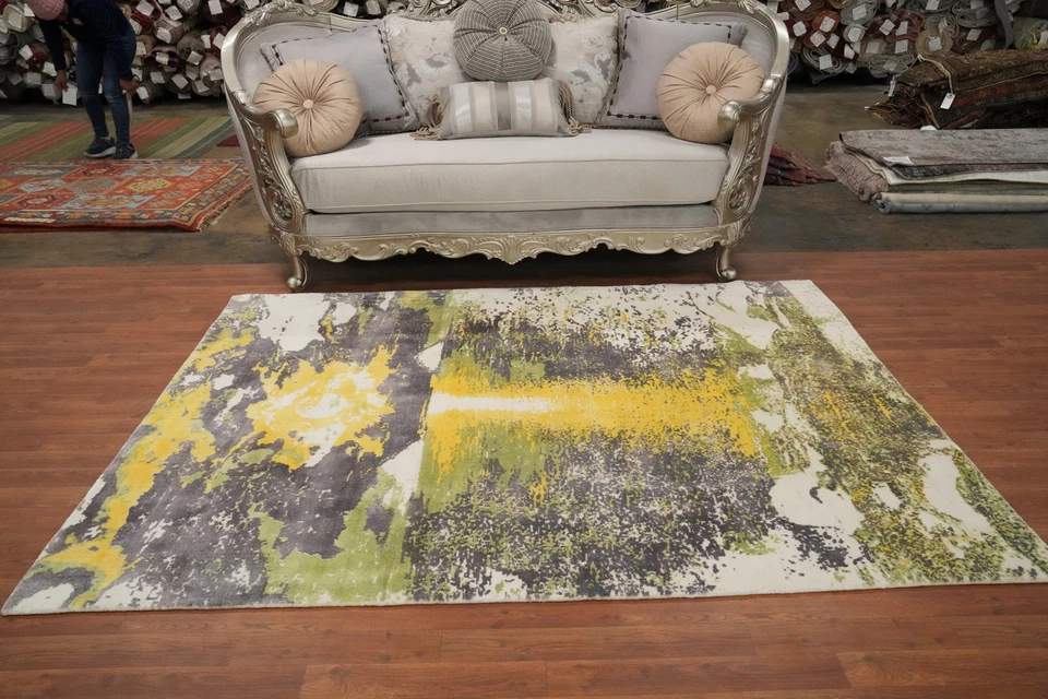 Nature Print Design Silk Carpet Hand-Knotted Indian Abstract Modern Rug 5x7 Ft - Image 3 of 4