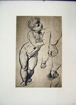Alter antiker Druck Raffaelle um 1875 Großmeister Radierung nackter kleiner Junge 19.