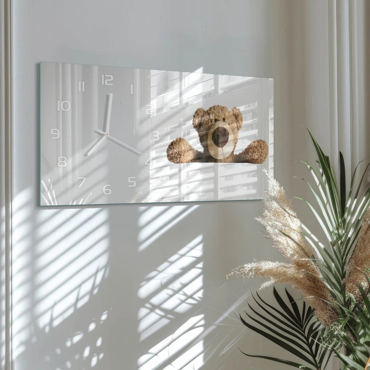 Reloj de Pared Rectangular Horizontal Cristal Templado de Diseño Osito 60x30 cm