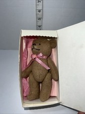 Brown Teddy Bear plush w/pink bow 5" Tall Miniature "Gloria" Vintage Jointed