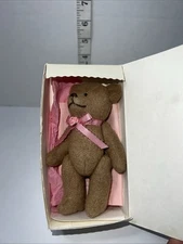 Brown Teddy Bear plush w/pink bow 5" Tall Miniature "Gloria" Vintage Jointed