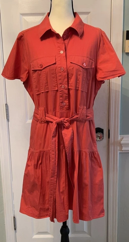 Derek Lam 10 Crosby Coral Red Poplin Flutter Sleeve Shirt Dress Size 18 Designer - Image 2 of 4