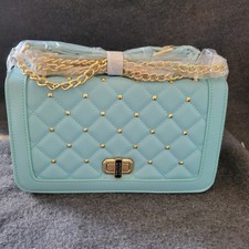 Badgley Mischka Blue Gold Chain Adjustable Strap Vegan Leather Crossbody Bag New