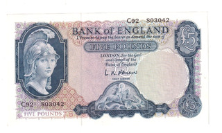 1957 UK £5 BANKNOTE C92803042 J9