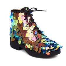 Shiny Womens Block Heel Sequins Ankle Boots Round Toe Lace Up Casual Shoes Hot