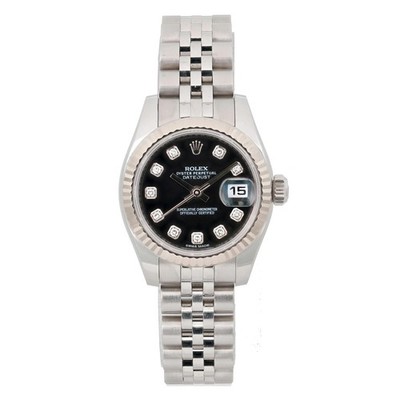 Rolex Datejust 26mm 18K White Gold Steel Black Diamond Dial Watch 179174