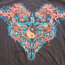Y2K Liquid Blue T-Shirt Mens Large Black 2011 Dragons, Peace, Heart Designs