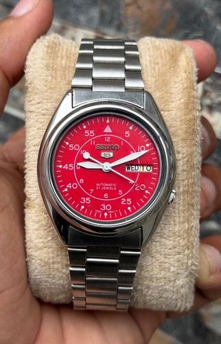 Military Seiko 5 Men's Day/Date Red Dial 21 Jewels Automatic Watch - Picture 9 of 11