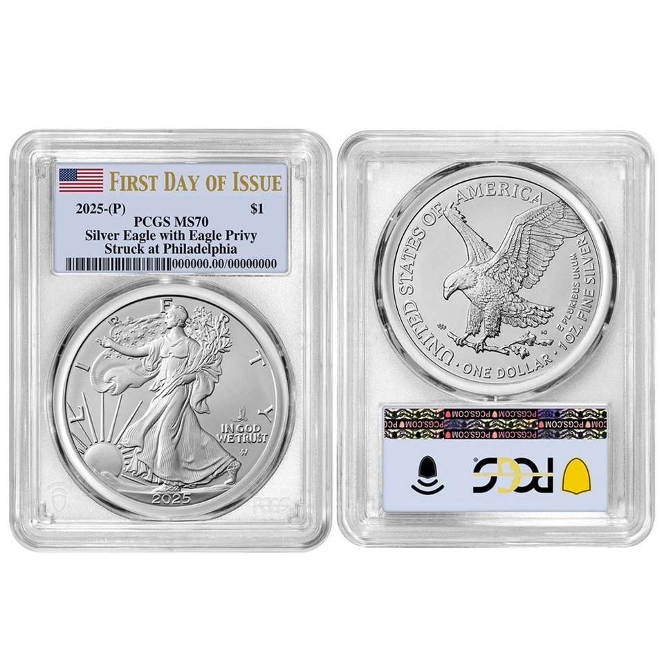 Etiqueta de bandera privada American Silver Eagle First Eagle 2025 (P) $1 graduación profesional MS70 FDOI Foto 3 de 3