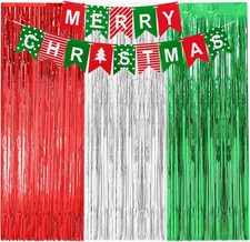 Christmas Foil Fringe Curtain 3 Pack of 3 x 6.5 ft Red Silver Green Tinsel Ba...