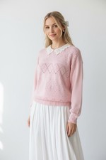 Pink Vintage Knit Sweater Coquette Romantic Frilly Cottagecore Eyelet Size Large