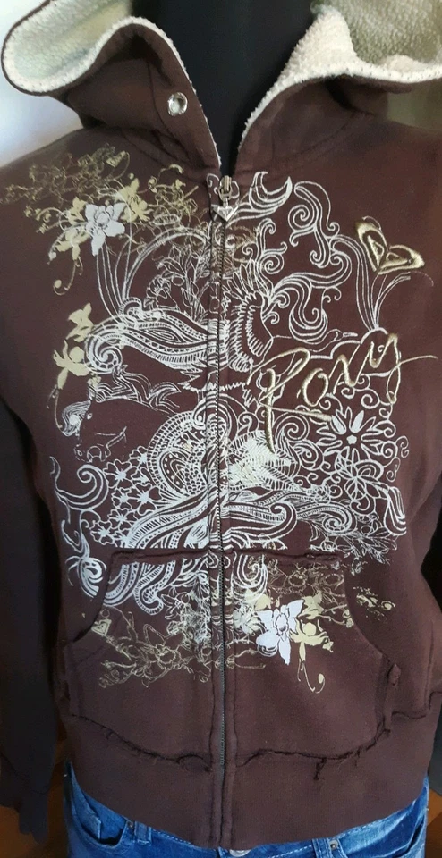 Vintage ROXY Hooded Zip Sweatshirt Medium Surf Hoodie Sherpa Graffiti Skate Punk - Image 2 of 4