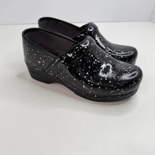 DANSKO Women’s Black Glitter Paint Splatter Patent Leather Clogs Shoes Size 38