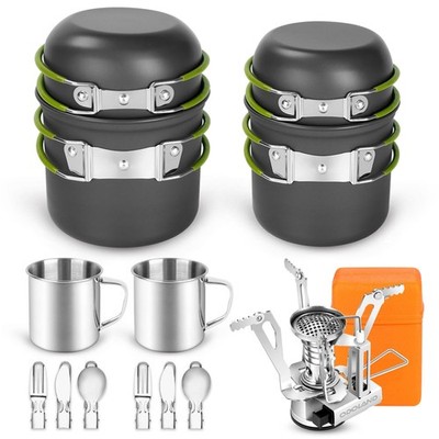 16pcs Camping Cookware Mess Kit, Lightweight Pot Pan Mini Stove with 2 Cups, ...