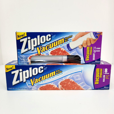 Ziplock Vacuum Starter Kit Hand Pump 3 Bags w/ Box of 8 Refill Gallon Bags NEW