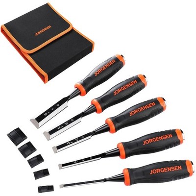 Wood Chisel Set, 5pcs, Cr-V Steel Blades, 6-25mm, with Safety Caps, Storage Bag
