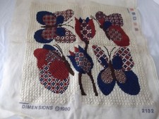 Vtg 1980 Completed butterfly Needlepoint Canvas for Pillow or Picture blue rust