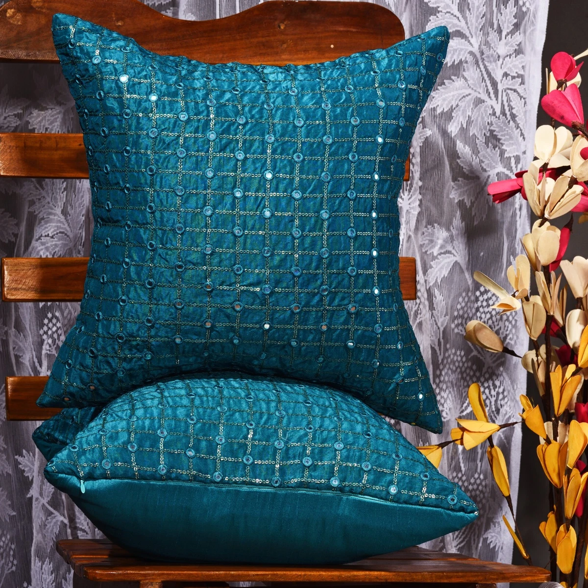 Handmade decorative teal throw pillow covers 18x18 set of 2 cushion case  covers