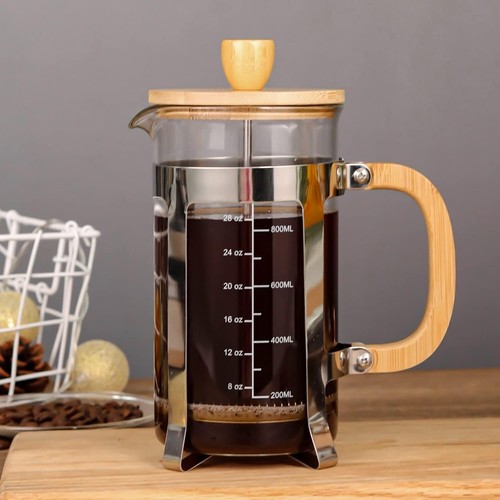 Elegante caffettiera pressa francese 34 oz con coperchio in bambù e struttura in acciaio inox - Foto 4 di 10