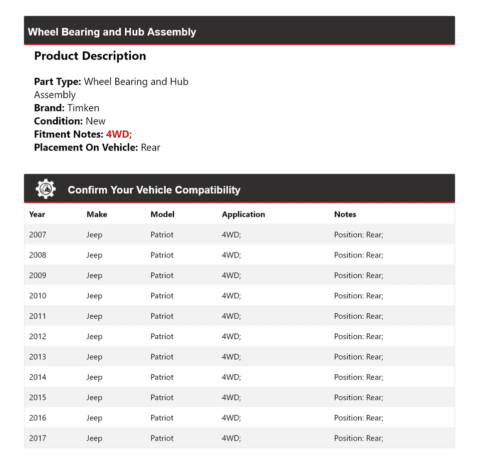 Conjunto de cojinete de rueda y buje trasero Timken 2008 para Jeep Patriot 2007-2017 4x4 Foto 2 de 4