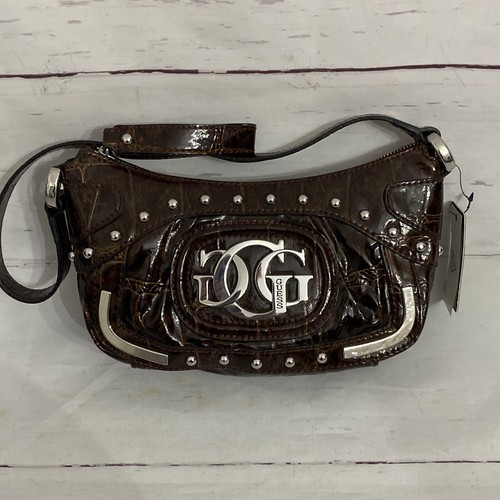GUESS Patent Leather Croc Small Handbag Shoulder Purse DARK BROWN Logo Studs 10" - Picture 4 of 12