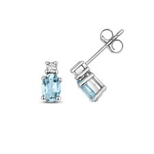 9ct White Gold Aquamarine and Diamond Stud Earrings  (ED249)