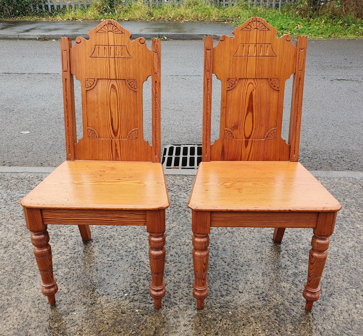 PAIR OF ANTIQUE PINE GOTHIC REVIVAL CHAIRS REPOLISHED DELIVERY