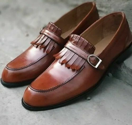 TOP QUALITY Handmade Brown Bespoke Fringe Loafers for men s Leather Buckle Shoes
