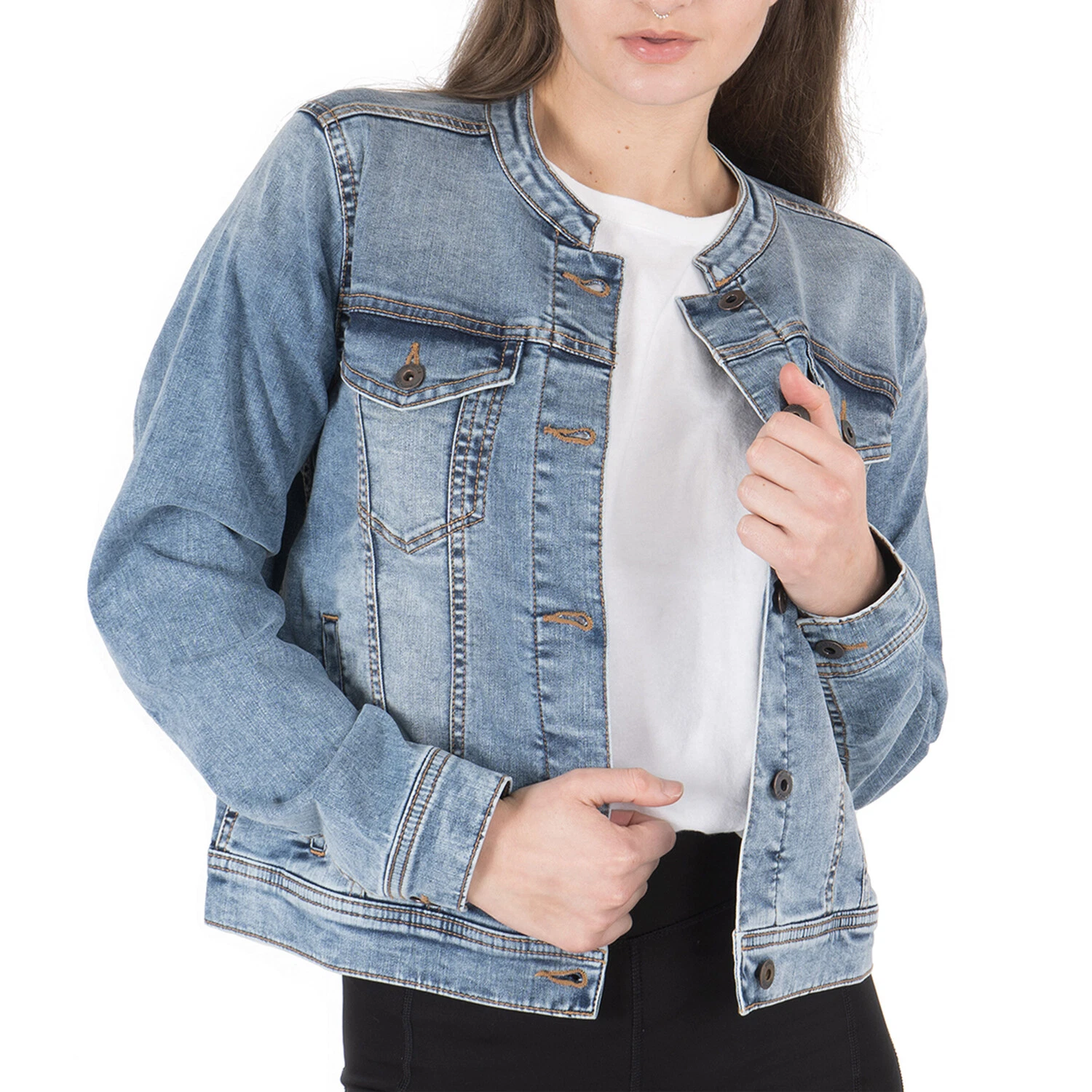 Women's Basic Collarless Denim Jacket Ladies Long Sleeve Washed Jean Biker Top