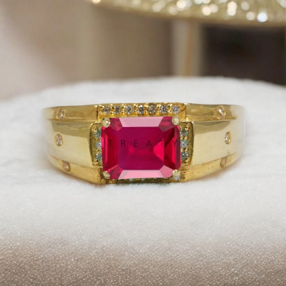 Ruby Emerald Cut With 925 Sterling Silver Gold Plated Ring For Men's #A83 - Image 2 of 4
