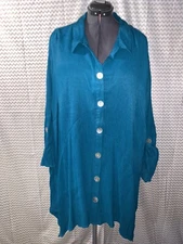 Catherine's Teal Button-up Plus-size 5X Long-sleeved Blouse Roll-tab 3/4 Sleeve