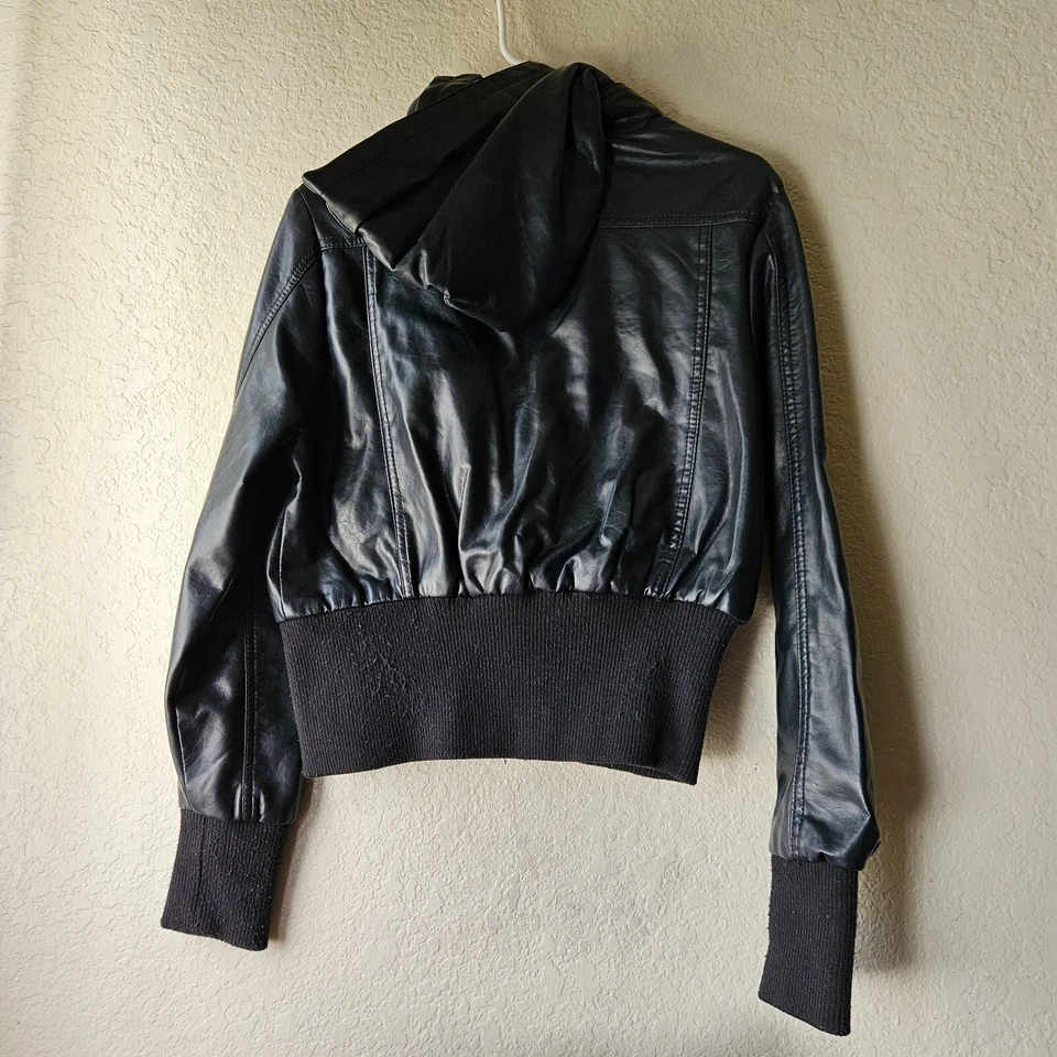 BB Winter Jacket Youth Girl L Navy Faux Leather Full Zip Hooded Pockets Fleece - Image 4 of 4