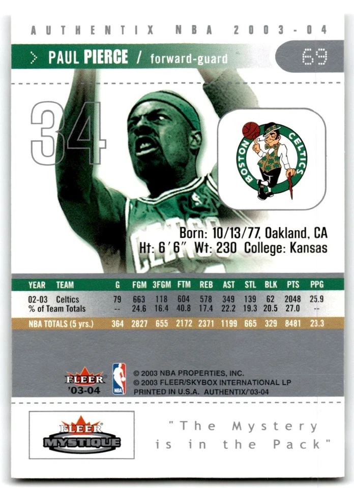 Paul Pierce 2003-04 Fleer Authentix Basketball Card #69 Boston Celtics - Image 2 of 2
