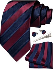 Mens Burgundy Navy Blue Striped Tie and Pocket Square Set Silk Necktie Handke...
