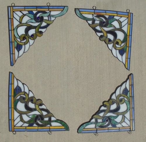 All 4 Tiffany Style Stained Glass Window Corners Blues, Greens, Yellow