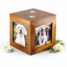 Pet Memorial Wooden Urn with 4 Photo Slots  Paw Brass Inlay Large Keepsake Urn