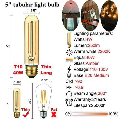 Dimmable T10 LED Bulb 4W Equal E26 Edison Bulb 40 Watt AC120V Tubular Light B... - Picture 5 of 7