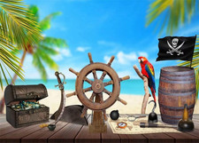 7x5ft Fabric Pirate Backdrop for Photography Beach Pirate Ship Wooden Rudder Tre