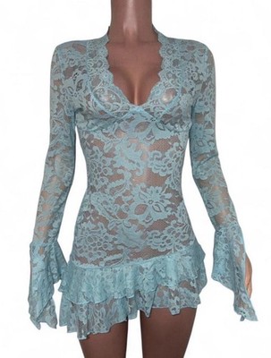 sexy baby blue dress Lace Ruffled Micro Mini M See-thru Bodycon New Going Out model-rheanna Olivia Rodrigo Is a Color:Cream out bodice with V
