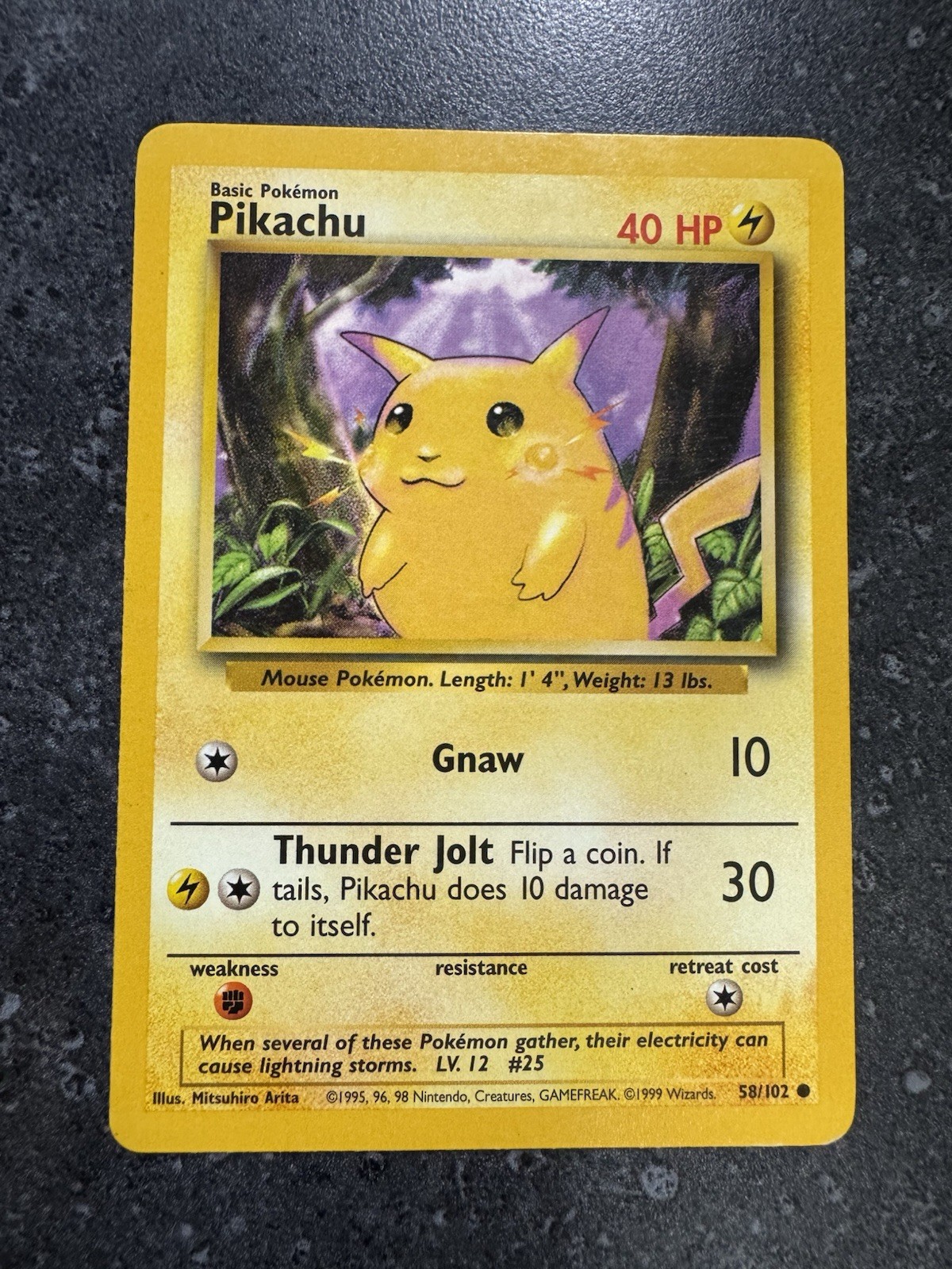 Vintage 1999 Yellow Cheeks Pikachu 1st Edition Base Set Shadowless 58/102