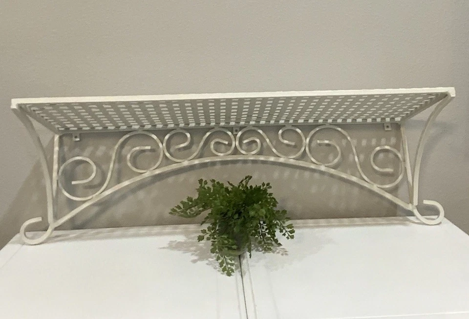 Vtg Off White Metal Swirl Lattice Top Wall Shelf 26” W X 8” D X 7 7/8” H - Image 2 of 4