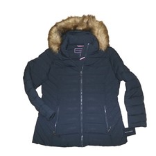 Tommy Hilfiger Womens LRG Navy Blue Hooded Puffer Jacket Faux Fur Trim NWT