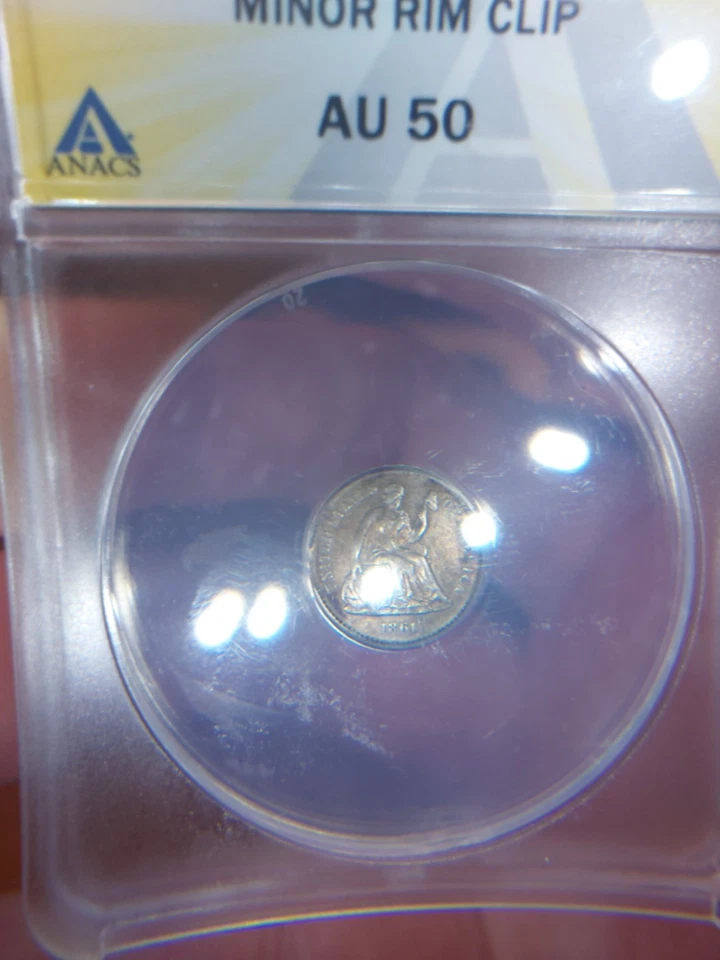 1861 5cent AU 50. Minor Rim Clip Error.  ANACS Graded.  - Image 3 of 4