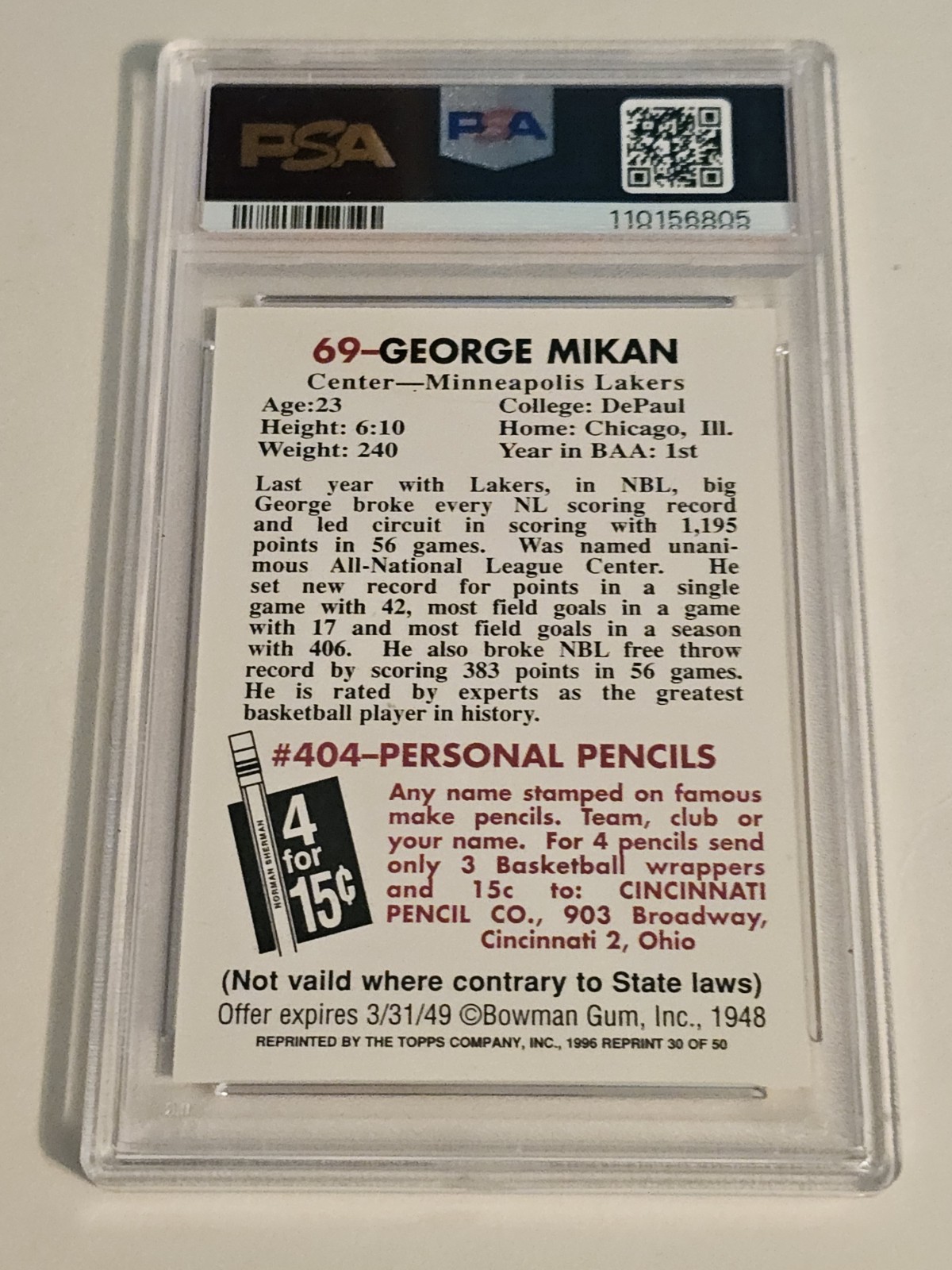 1996 Topps NBA Stars 1948 Reprint George Mikan Auto PSA 10 Auto 10 None Higher view 5